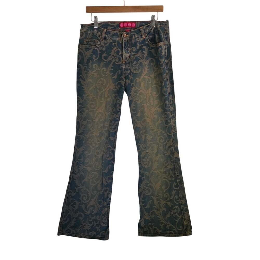 GLO Vintage Y2K Damask Floral Print Flare Leg Jeans Brown Blue Size 11 Junior